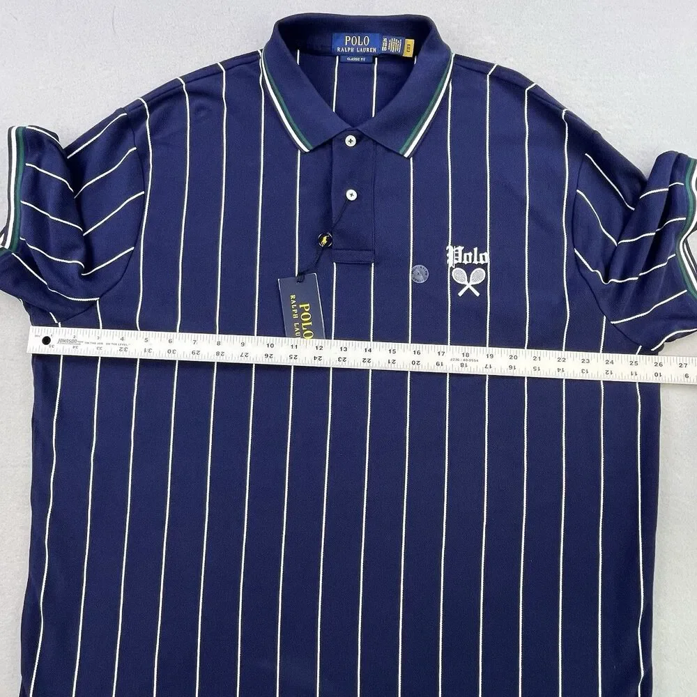 Polo Ralph Lauren Polo Shirt XL Tennis Racquet Navy Blue Stripe Classic Fit NEW